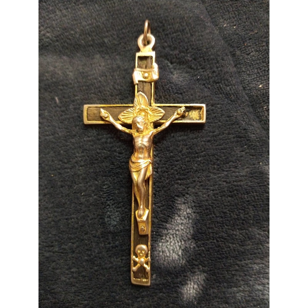 Antique French pectoral crucifix skull & bones sacred heart ebony wood inlay